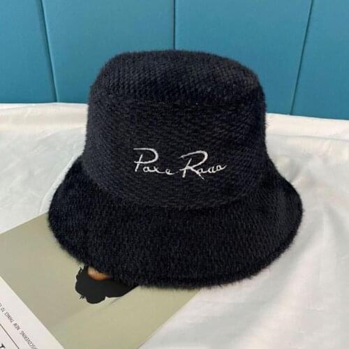 Winter Letter Embroidery Print Fur Plush Bucket Hat For Women Outdoor Warm Sun Hat Soft Velvet Fisherman Cap Lady Fashion Panama