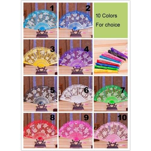 100pcs Spanish style rose flower design plastic frame lace silk hand fan, Chinese craft folding fan wen4511
