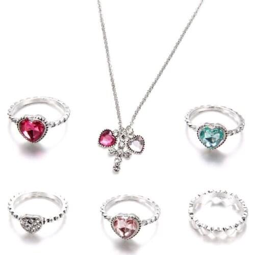 6Pc Bohemin Retro Colorful Heart Crystal Ring Cross Pendant Necklace Jewerly Set