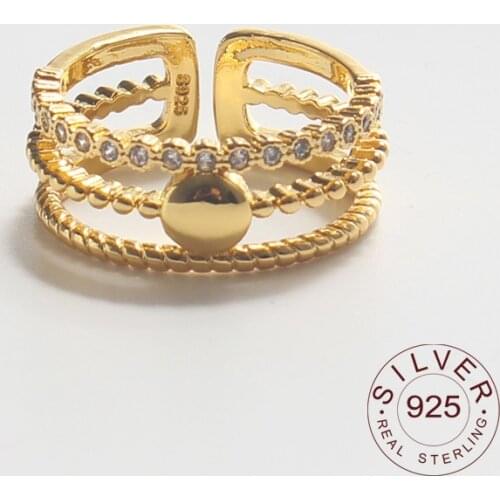 925 Sterling Silver Rings 3 Layers Dot Zircon Gold Color Opening Handmade Ring Fashion Fine Jewelry