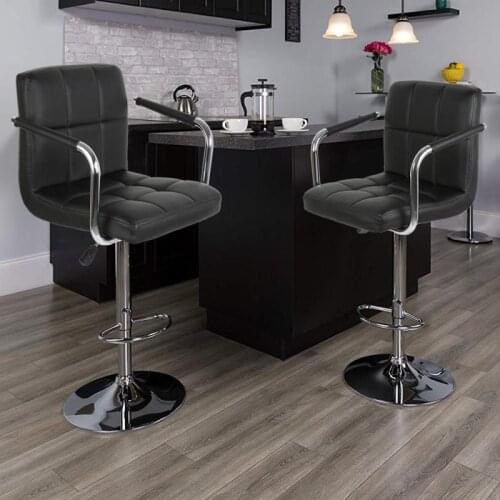 2Pcs/set Bar Chair Six-grid Cushion Chair Synthetic Leather Swivel Bar Stools Height Adjustable Chairs with Footrest Armrest HWC