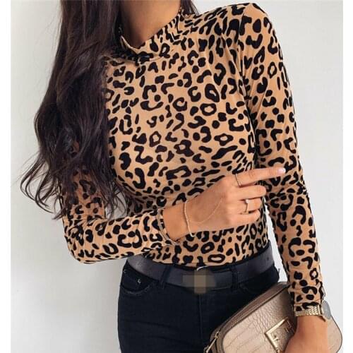Women Blouses Fashion Leopard Print Turtle Neck Blouse Autumn Long Sleeve Shirts Party Ladies Clothes Womens Blouses And Tops