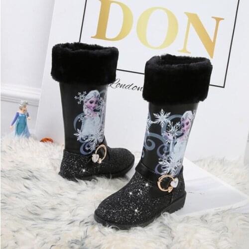 Disney New Elsa High Boots Girls Mid-heeled Autumn And Winter Warm Children Sequins Snow Boot Frozen Boots