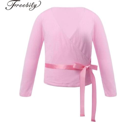 Girls Ballet Gymnastics Leotard Tops Dance Costume Cotton V Neck Long Sleeve Dance Top Coat Kids Dancewear Ballet Wrap Top