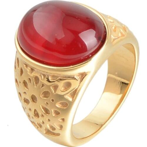 Mens Green Red Oval Cats Eye Stone Rings Stainless Steel Gold Color Carved Stainless Steel Ring For Men