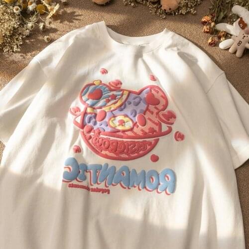 Japanese Ancient Foaming Bear Planet Short-sleeved T-shirt Female Summer Couple Loose Ins Harajuku Style Half Sleeve Top Tide