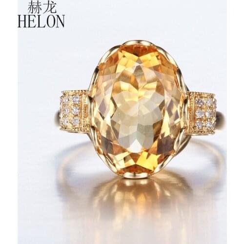 HELON Solid 14K Yellow Gold Flawless 14x10mm Oval 5.5ct Natural Citrine & Diamonds Engagement Ring Women Jewelry Free shipping