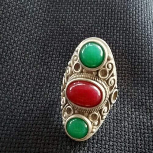 Old Chinese tibet silver inlay Red green gem handmade Ring