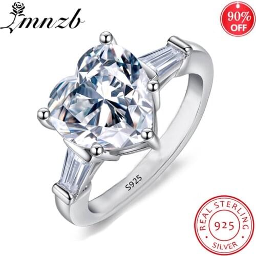 LMNZB Solid 925 Silver Romantic Heart Ring 10mm CZ Zircon Engagement Wedding Fine Jewelry Rings for Women LR055