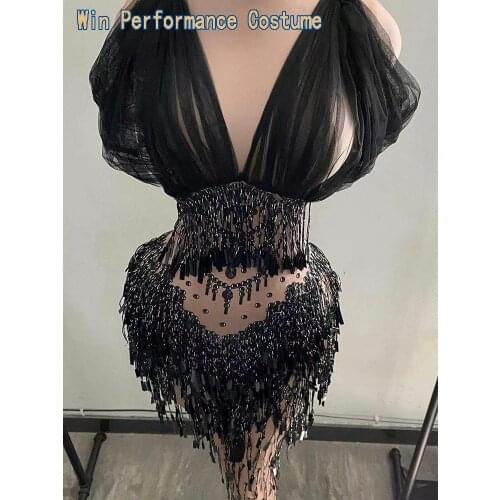 Sexy V-neck Black Mesh Sequins Jumpsuit for Women Nightclub Costumes Stage Outfit Bar Party Singer Backless Bandage Jumpsuit