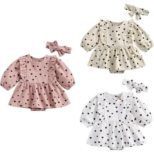 Wallarenear 0-24M Newborn Girls 2-piece Dress Set Long Sleeve Heart Print Crew Neck Lace Short Dress and Hairband