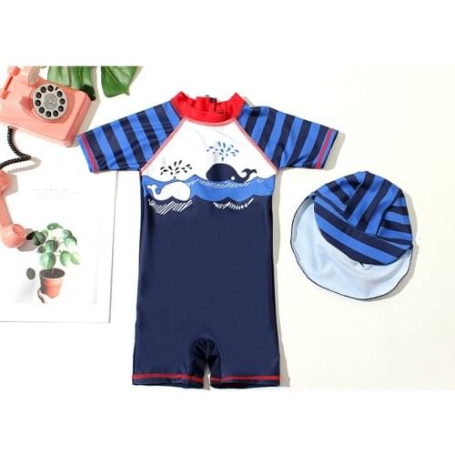 2~7Year Baby Boys Surfing suit Kids swimwear One piece Kids swimsuit with Hat Toddler Baby Boys Bathing suit Beach wear-SW361