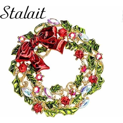 Fashion Red Bow Wreath Crystal Brooch Pin Luxury Hollow Enamel Flower Christmas Brooch For Female Prom Party Gifts Jewelry