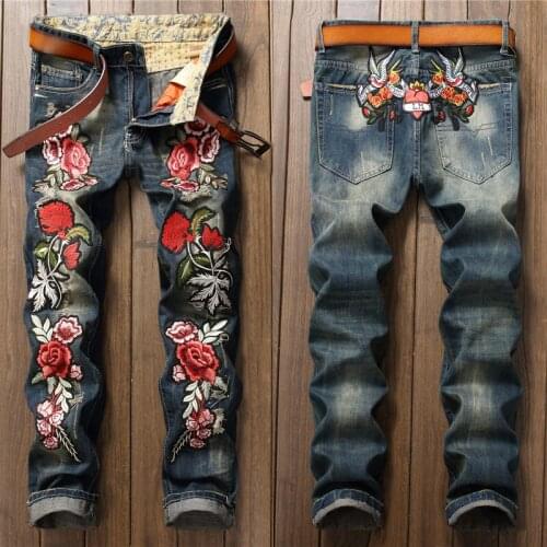 Men’s rose embroidery ripped jeans slimming distressed scratches denim pants high-street fashion jeans pants