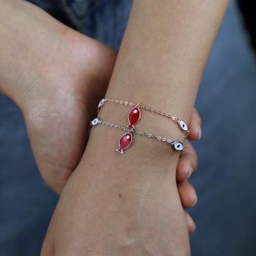 2021 New Dainty Lucky Red Koi Fish Link Chain Bracelet Enamel Evil Eye 100% 925 Sterling Silver For Girls Good Fortune Bracelet