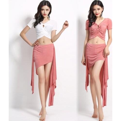 2021 New Belly Dance Costumes Set Female Mesh Practice Clothes Short Sleeve Tops Hip Scarf Oriental Dance Performance Clothes