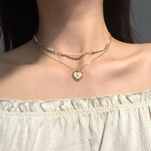 EN New Trendy Sweet Vintage Multi-layer Pearl Necklace for Women Gold Color Heart-shaped Chain Choker Necklaces Fashion Jewelry