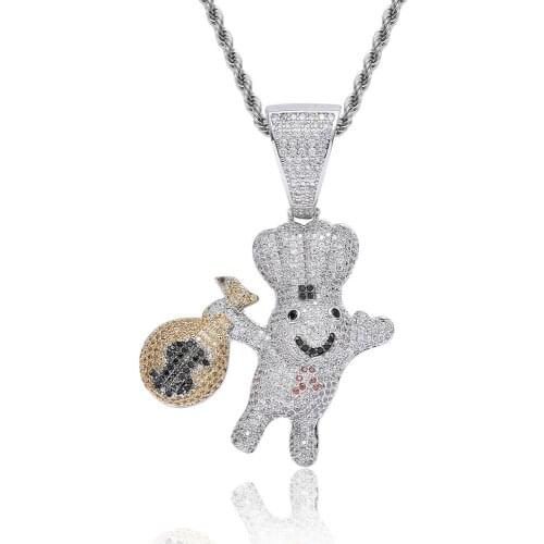 Lovely Iced Out Full Cubic Zircon Doll With Money Bag Pendant Luxury Necklace For Men Women Hip Hop Jewelry Gift