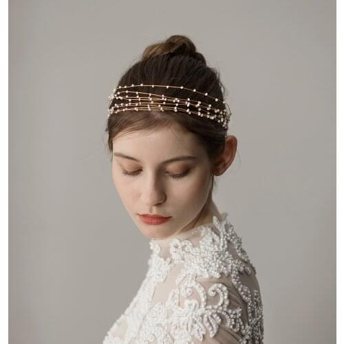 Romantic Sweetheart Bridal Headdress Multi-Stands Alloy Pearls Chain Headband for Wedding Perform Studio Travel Photo O628