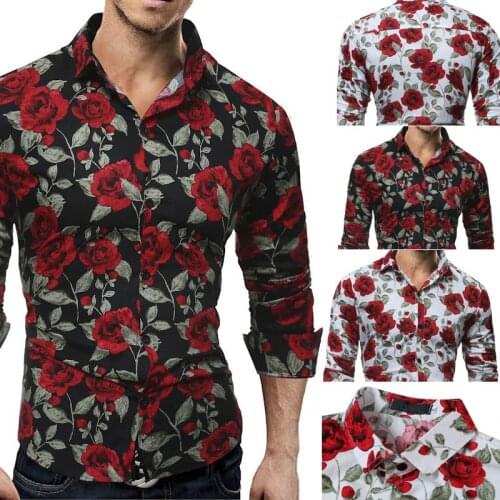 Rose Flower Printed Shirts Mens Shirt Luxury Long Sleeve Tops Tee Slim Fit Casual USA