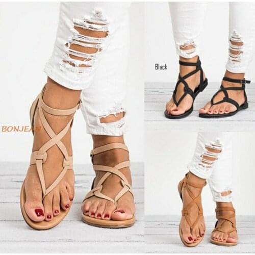 Summer New Women Sandals Fashion Cross Ankle Buckle Flat Ladies Shoes Casual Comfortable Anti Slip Solid Women Sandals Big Size