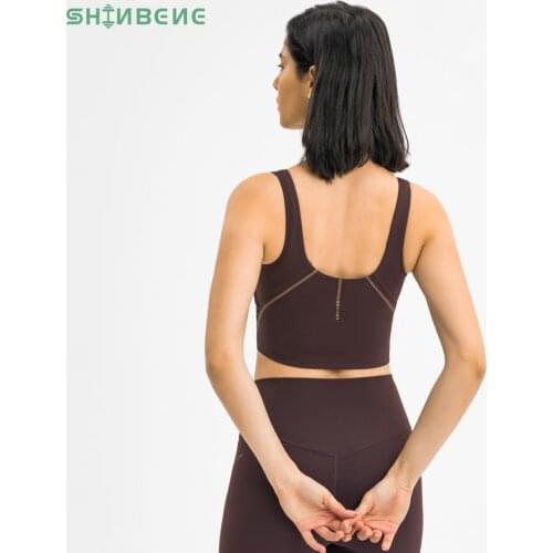 SHINBENE Low-Mid Support Yoga Longline Sport Bra Top Women Front V-Neck Gym Cropped Bras Tops Cozy Padded Fitness Crop Top