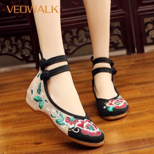 Veowalk High Top Women Canvas Ballet Flats Handmade Ladies Casual Ankle Strap Flat Shoes Chinese Style Comfort Walking Shoes