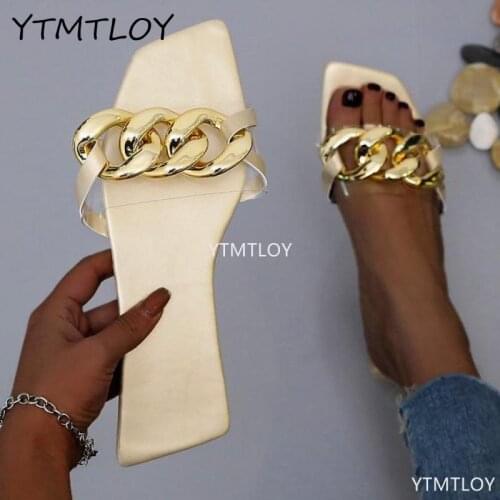 Womens Summer Metal Chain Slippers Ladies Fashion Flat Casual Shoes Female Footwear Plus Size 2021 Hot Zapatillas De Casa
