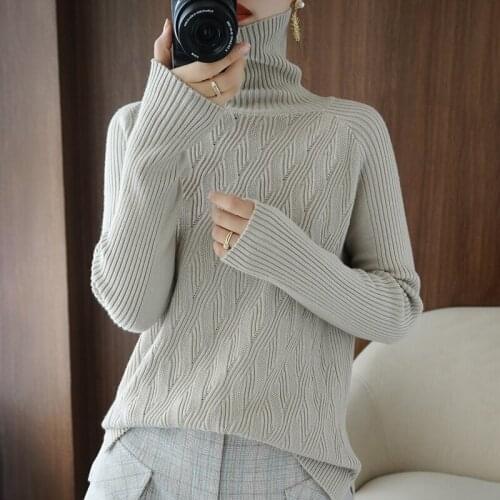 New Autumn and Winter Wool Sweater Womens High Collar Thick Solid Color Sweater Loose Knit Sweater Wild Pullover