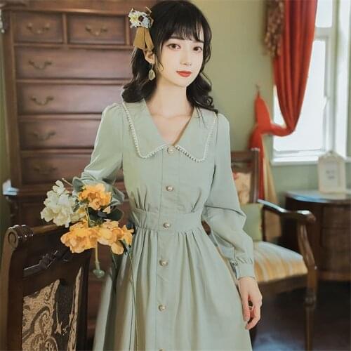 2021 Spring Autumn New French Lapel Vintage Pearl Button Dress Long Sleeve High Waist Elegant Mid-Length Dress For Women Y1528