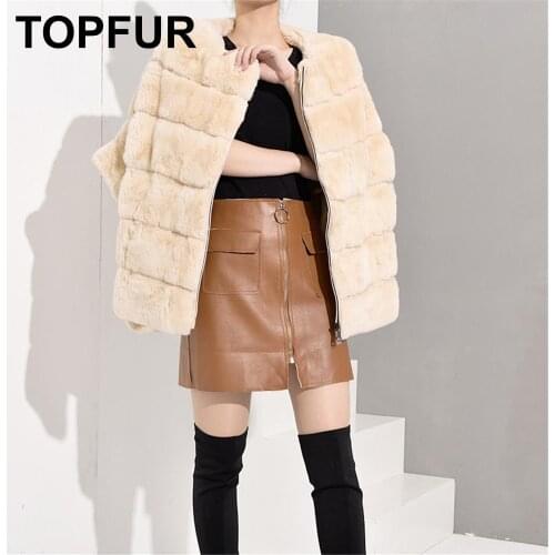 TOPFUR Winter Coat Women Beige Coat Women Rex Rabbit Fur Coat Plus Size Real Fur Coat Women Leather Jacket Bat Type Winter