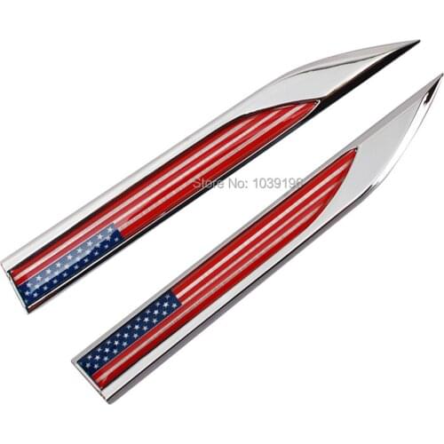 2 x Car Body Fender Side Metal Chrome Zinc Alloy Knife Side 3D Flag of the US Emblems Badges Decals Stickers For American Cars
