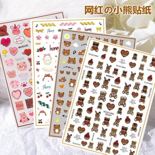 1pc 3D Teddy Bear Design Nail Stickers Nail Art Decorations New Year Cartoon Nail Decals DIY Manicure Tips