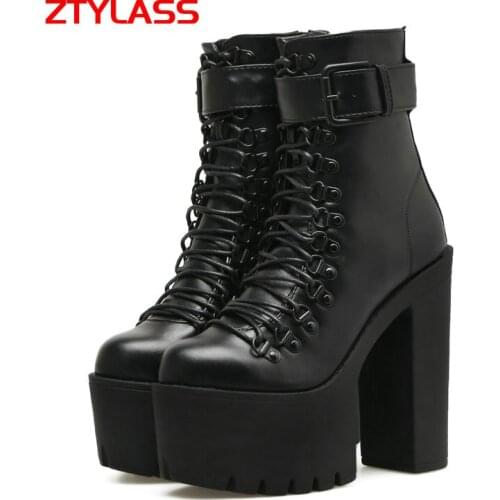 Fashion Super High Heel Platform Ankle Boots Spring Autumn Women Boots Pu Leather Gothic Shoes Lace Up Zipper Winter Boots Black
