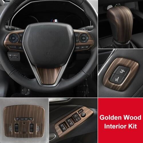 Center Console Gear Panel Decorative Cover Steering Wheel Button Frame Sticker Gold Wood Grain For Toyota Avalon 2019 LHD Tuning