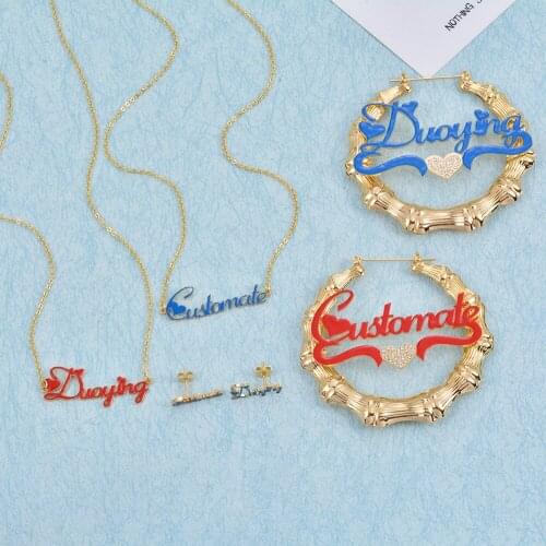Hiyong Custom Enamel Name Earrings Women Name Necklace Personalized Custom Earrings Hip Hop Bamboo Hoop Earrings Mothers Gifts