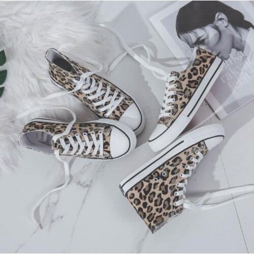 Ulzzang Leopard High-top Canvas Shoes Harajuku Sneakers Fashion New Lace-up Flat Shoes Women Classic Streetwear Wild Zapatos