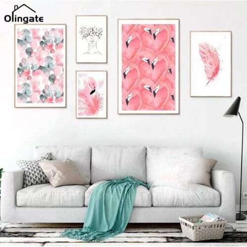 Beautiful Pink Flamingo Feather Posters Abstract Figure Canvas Painting Prints Wall Art Pictures Girls Room Home Decor Gift