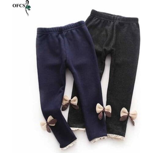 Retail Teenagers High Quality Thick Warm Pants Spring Jean pants Bow Girls Leggings Kids Trousers Children Cheap Pants 3-10 Year