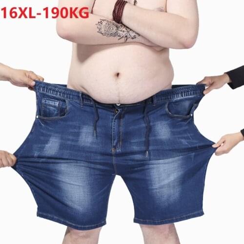 Plus size 16XL 190KG mens denim shorts pants high elasticity waist summer shorts straight jeans high stretch blue large