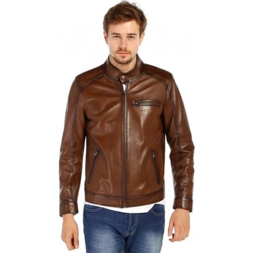 Genuine Soft Lambskin Leather Jacket Handmade Man Brown Jacket Biker Motorcycle Style Jacket Bomber Real Fur Coat Custom Product