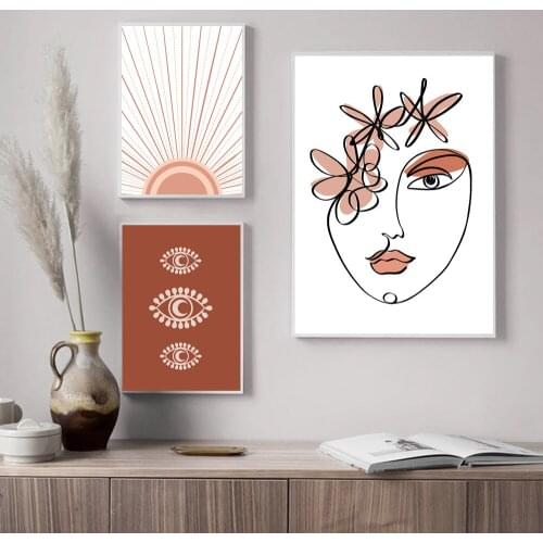 Boho Poster Prints Abstract Rainbow Sun Canvas Painting Line Face Vintage Wall Pictures for Posters Aesthetic Living Room Decor