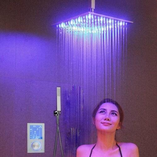 Digital Display Shower Mixer Thermostatic Shower Set LED Illuminate Rainfall Shower Head 12 Inch Install In Wall With Hand Spray