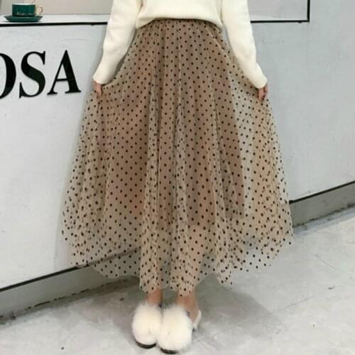 New Women Summer Fall Holiday Party Mesh Yarn Skirt Casual Elastic High Waist Muti-layer Dot Print Patchwork Tulle A-line Skirts
