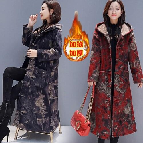 2021 New Winter Jackets Women Retro Buckle National Wind Long Plus Cotton Velvet Thickening Hooded Parkas Coat V843