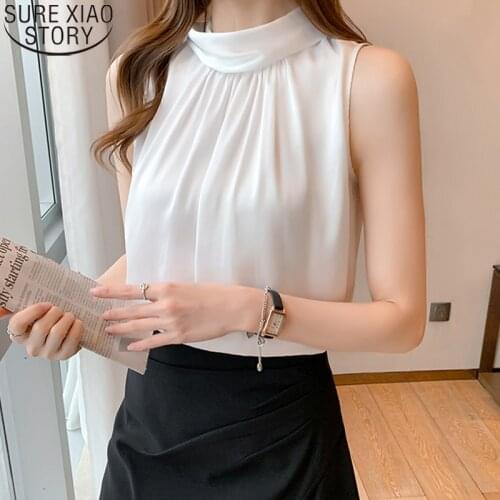 Summer 2021 Office Lady Fashion Sleeveless Chiffon Shirt Halter Blouse Women White Turtleneck Back Bow Tie Blusas Tops 15215