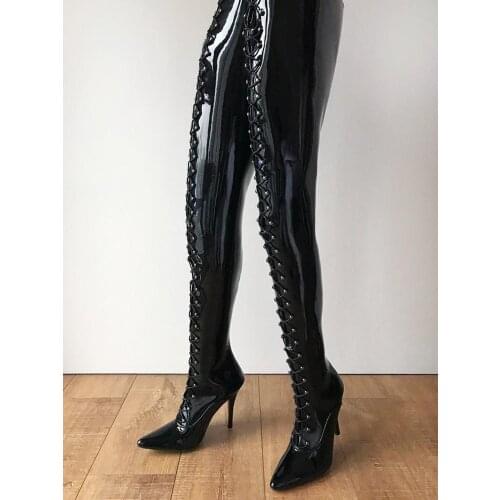 Crotch Hard Shaft Laceup Boots Stiletto Black Patent Leather Pointed Toe Shaft 95 cm Shoes Women Winter Runway Stage