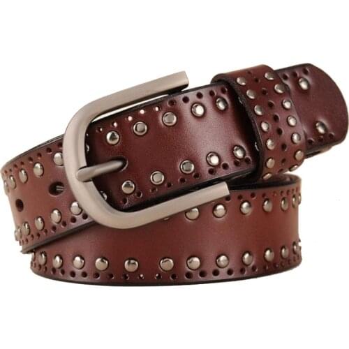 Woman belts genuine leather high quality cow skin female strap fashion designer brand rivet hollow out belt pin metal buckle