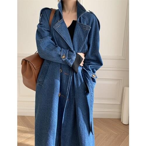 Womens Twill Denim Coat Womens Spring and Autumn Versatile Korean Fashionable Long Casual Cool Windbreaker