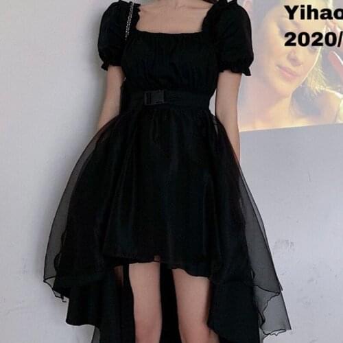 Gothic Black Women Square Collar Dress Summer Dark Buckle Ruffles Puff Sleeve Dresses Party 2020